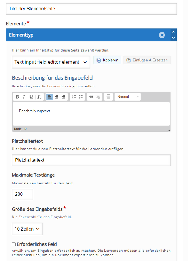 Standardseite mit Texteingabefeld im Bearbeitungsmodus