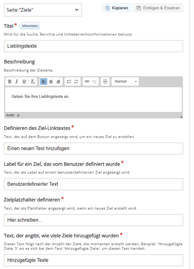 Eingabefelder für die Seite »Ziele«