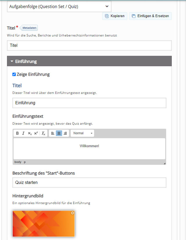Quizeinführung im Bearbeitungsmodus