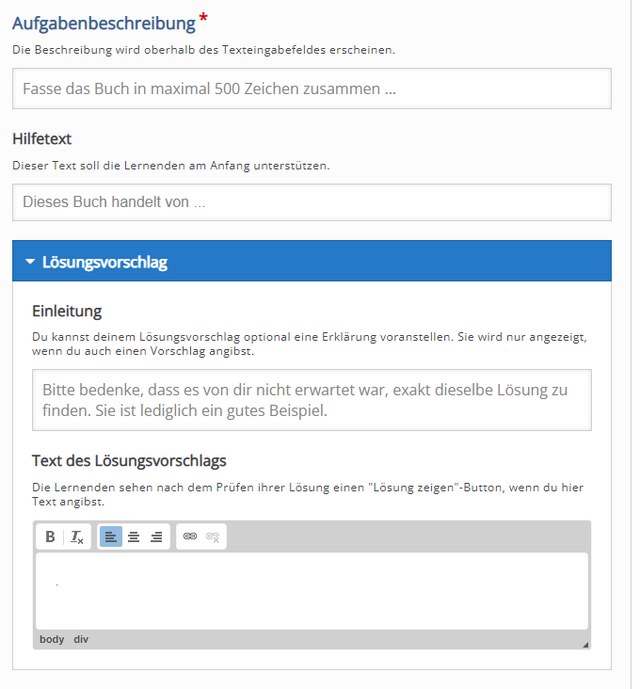 Eingabefelder für das Essay