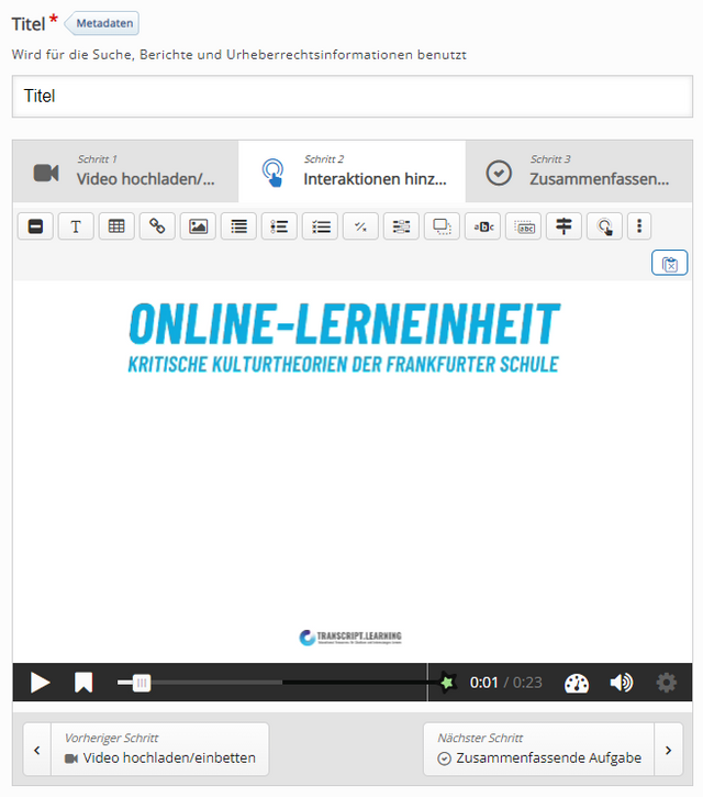 Funktionsleiste im Editor des Interaktiven Videos