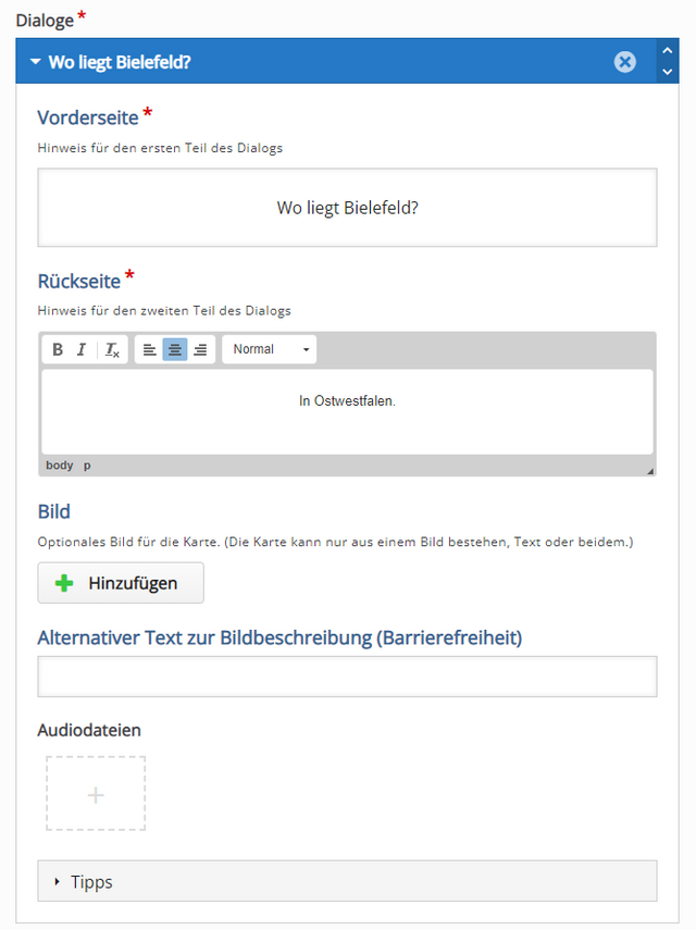 Editor für eine Karteikarte