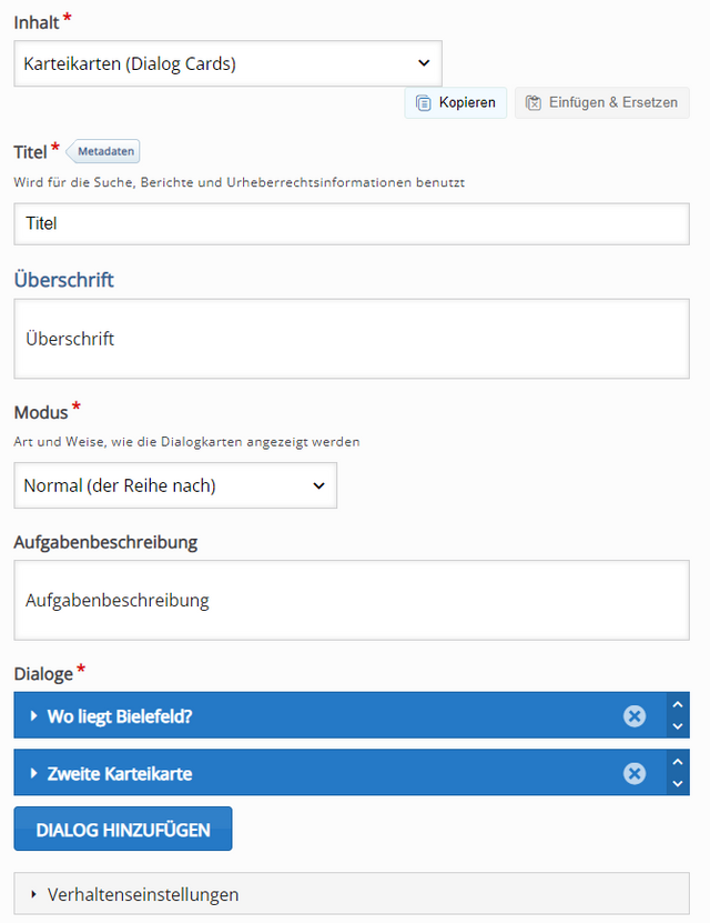 Editor des Inhaltstyps »Karteikarten«