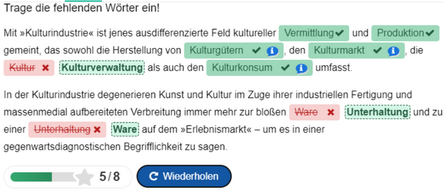 Beispieltext nach dem Ausfüllen der Lücken