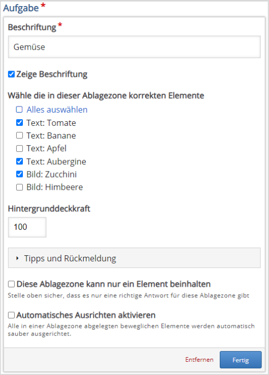 Bearbeitungsfenster einer Ablagezone