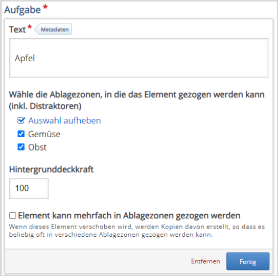 Bearbeitungsfenster eines Elements